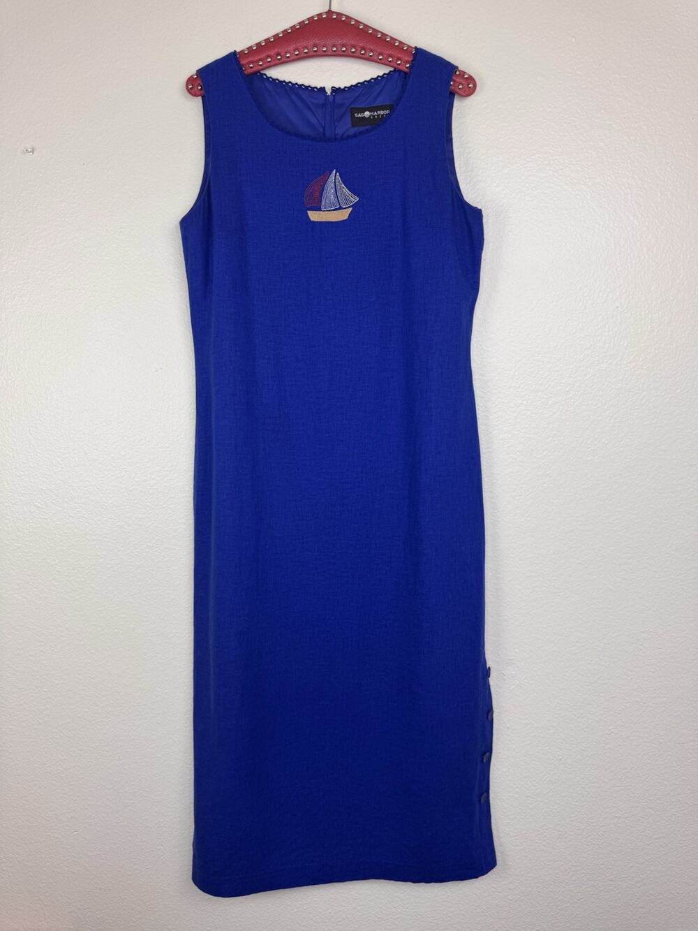 Vtg Sag Harbor Linen Blend Sailboat Maxi Dress Sailing Nautical Coastal Blue 10